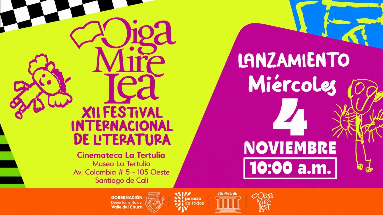 Afiche del lanzamiento de Oiga Mire Lea: miércoles 4 de noviembre, 10:00 a.m., Cinemateca La Tertulia, Santiago de Cali